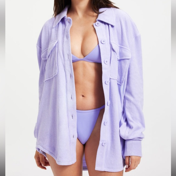 GOOD AMERICAN Oversized Shacket Terry Lavender Purple Big Button Collar OSFM - Picture 3 of 11